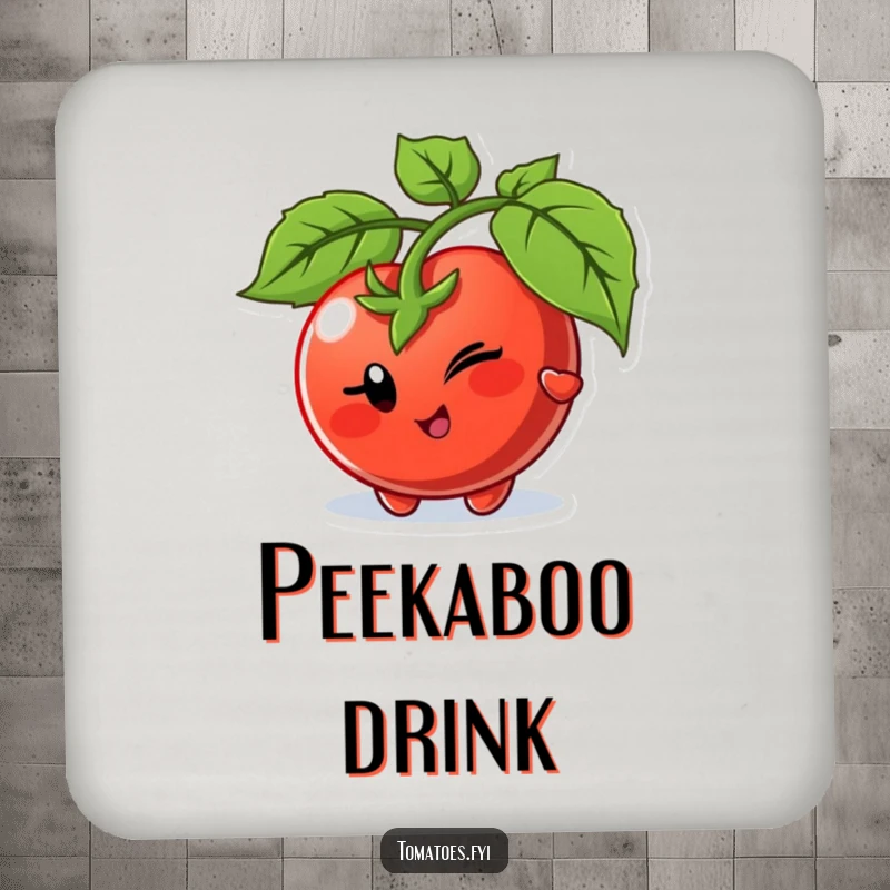 Funny coasters featuring a winking tomato character playfully peeking from behind a leaf, protecting surfaces with a sly wink.