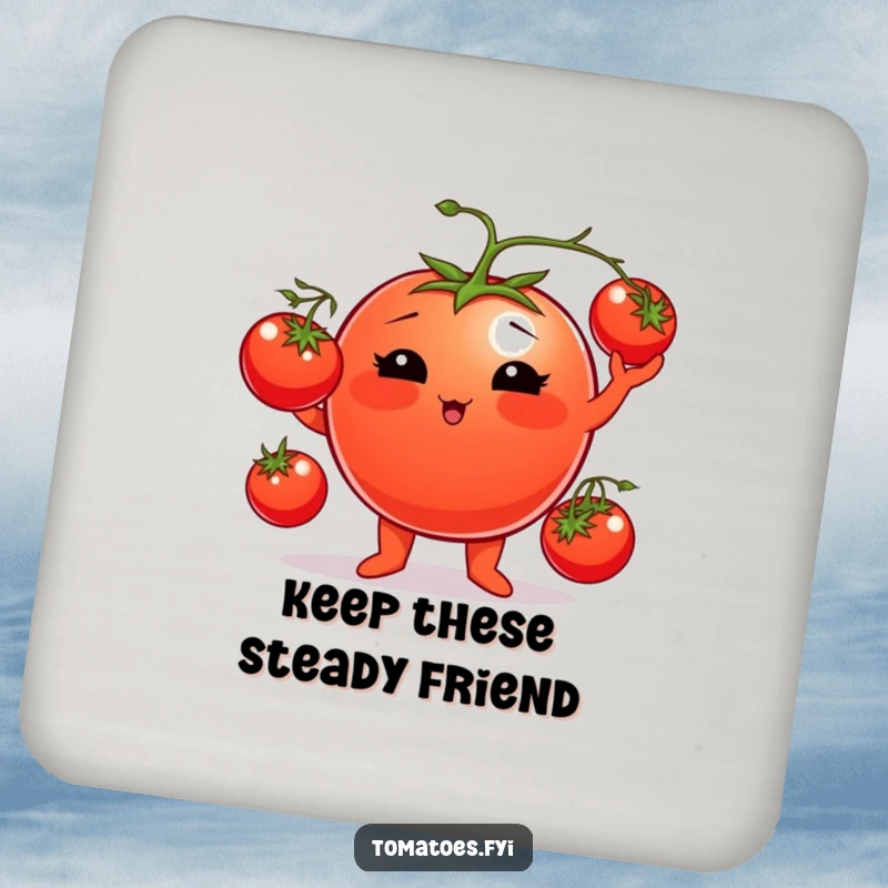 Funny tomato drink coaster featuring a plump tomato character juggling cherry tomatoes, protecting surfaces with playful humor.