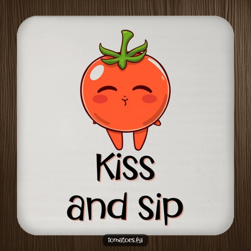 Funny drink coaster featuring a tomato character blowing a tiny kiss, adding sweet charm to protect surfaces.