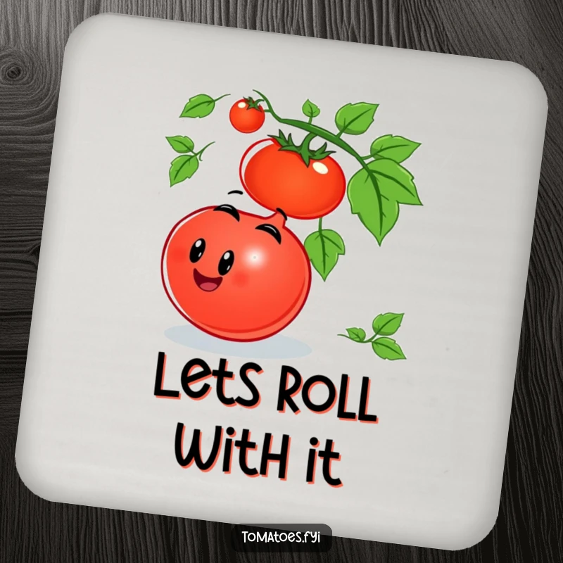 Funny tomato drink coaster featuring a smiling tomato character joyfully rolling down a vine, protecting surfaces with playful humor.