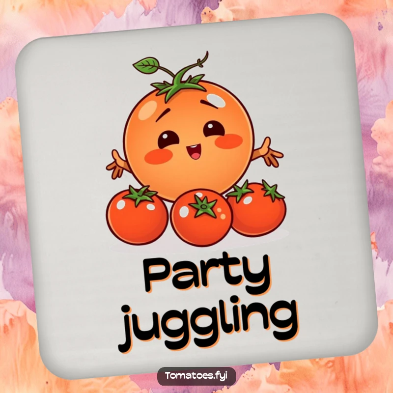 Funny tomato character comically juggling three smaller tomatoes on a round drink coaster.