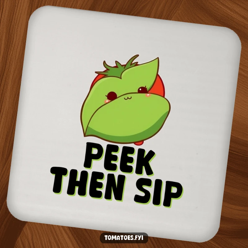 Funny coasters feature a shy tomato peeking from behind a leaf, offering protection with a touch of gentle, humorous charm.