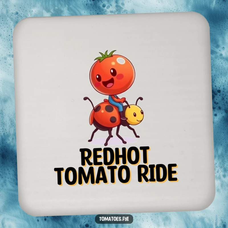 Funny drink coaster set with a tomato character comically riding a ladybug like a tiny steed, protecting surfaces with humor.