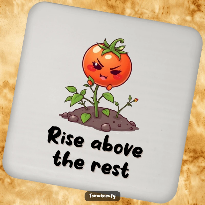 Funny drink coaster depicting a determined cartoon tomato attempting to climb a small weed, a symbol of effort.