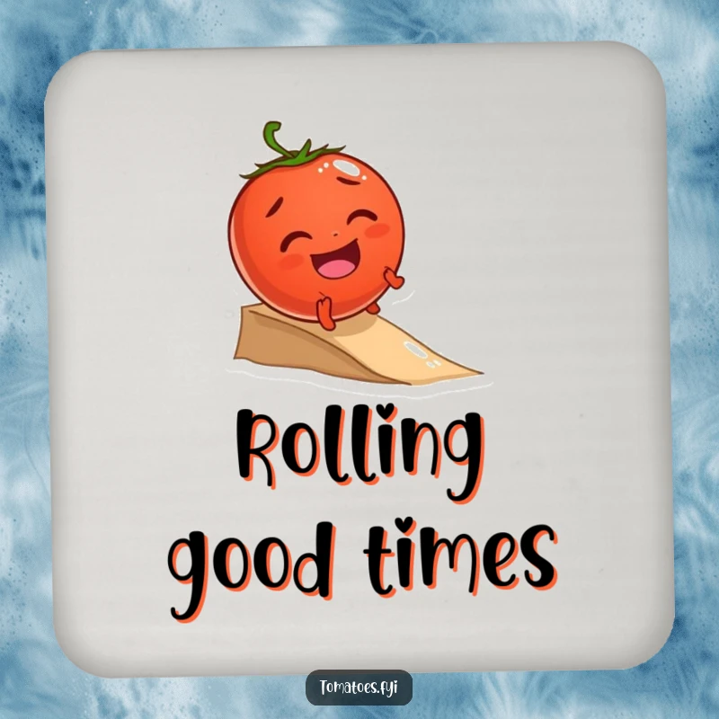 Funny coasters featuring a giggling tomato character joyfully rolling down a small incline, protecting surfaces with happy vibes.