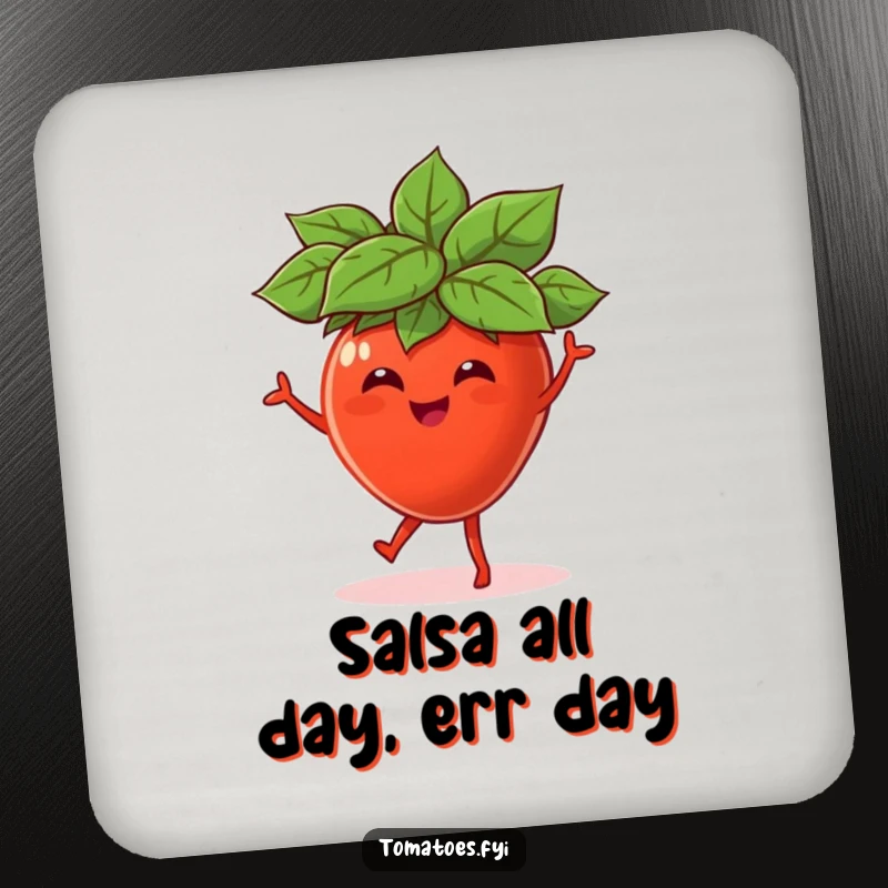 Funny drink coaster featuring a cheerful tomato character in a tiny leaf hat, dancing with pure glee and vibrant energy.