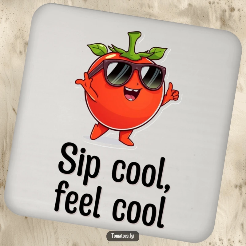 Funny tomato character wearing sunglasses and striking a cool pose, on a cool and funny coaster.