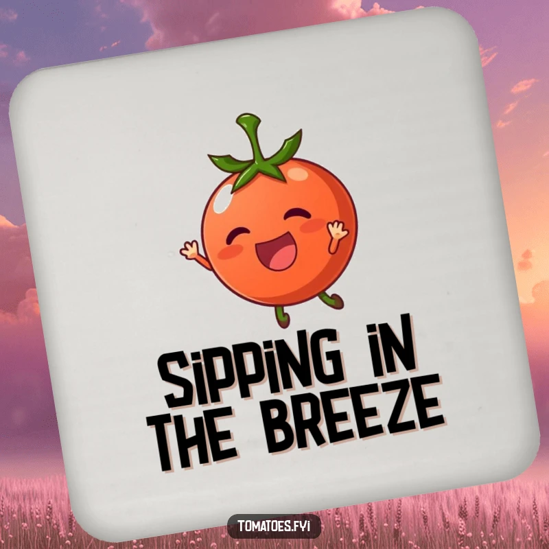 Funny coaster set featuring a thrilled tomato character being carried by a gentle breeze, humorous table protection.