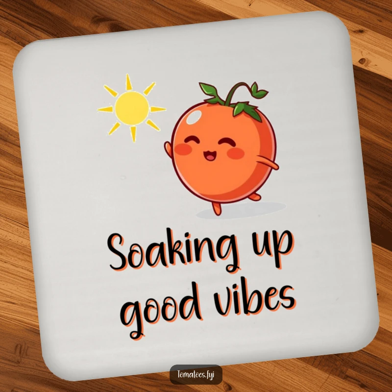 Funny drink coaster featuring a cartoon tomato enthusiastically chasing a dancing sunbeam, adding a humorous, protective element.