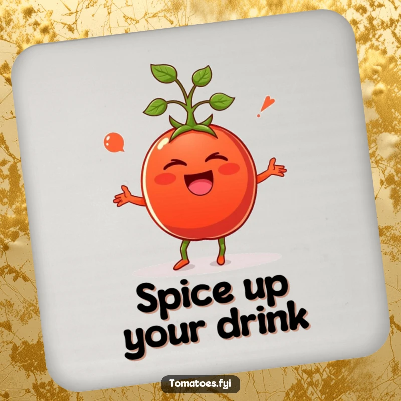 Funny coaster featuring a giggling tomato doing a silly dance, protecting surfaces with humor.