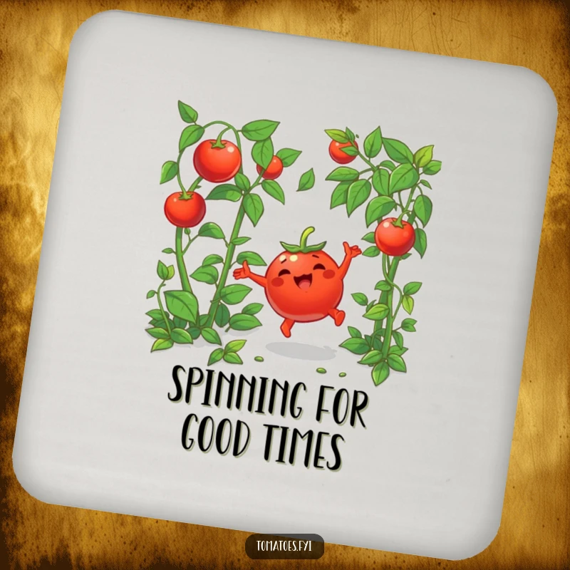 Funny drink coaster featuring a joyful cartoon tomato doing a cartwheel in greenery, adding a playful touch.