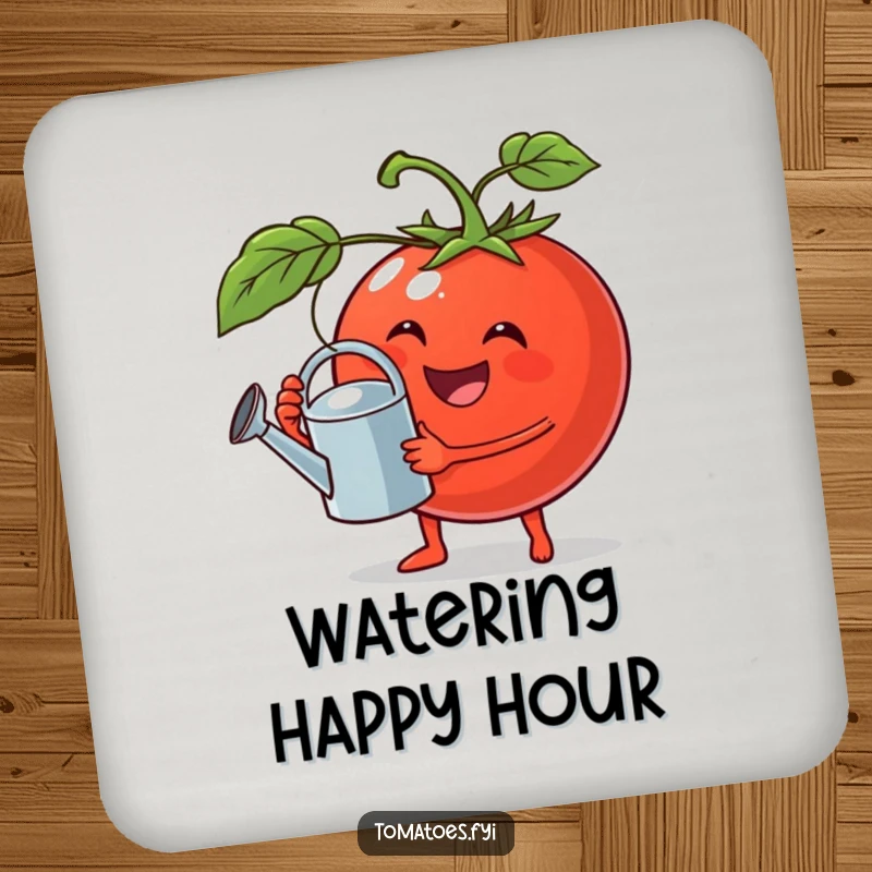 Funny coaster featuring a jovial tomato holding a tiny watering can, offering charming garden-themed surface protection.