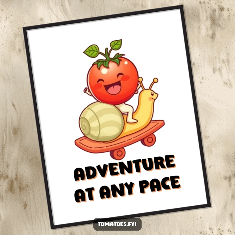 Funny tomato character riding a snail like a rollercoaster on this poster, a captivating piece of humorous wall art.