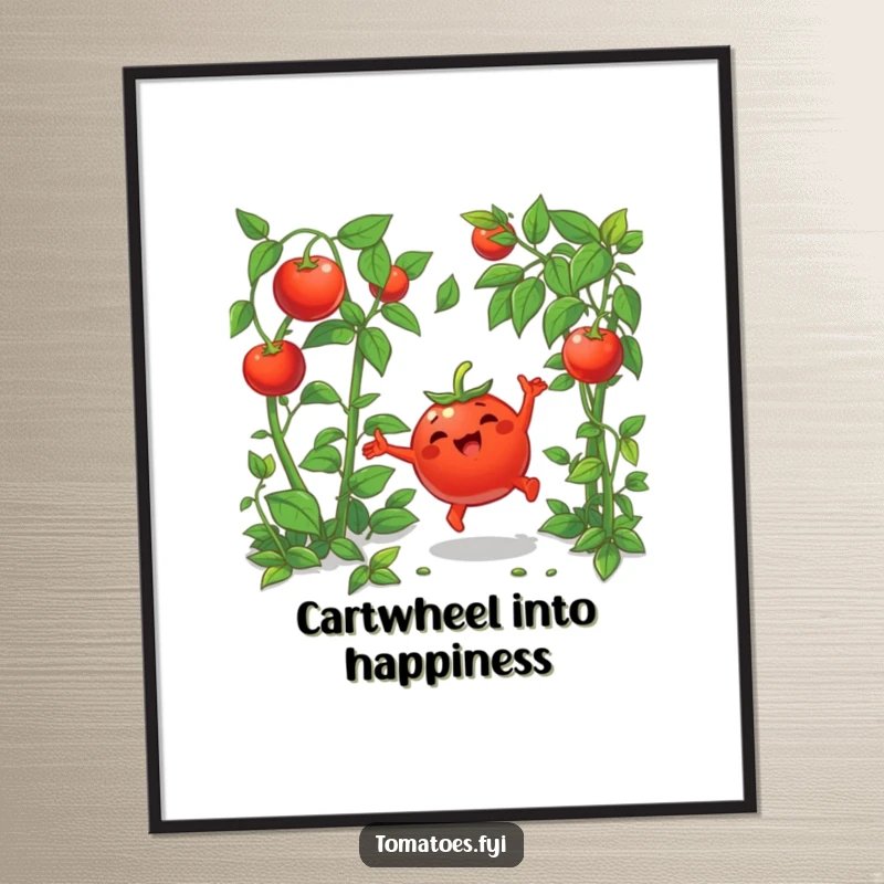 Funny poster featuring a happy cartoon tomato doing a cartwheel in lush greenery, adding a touch of whimsical joy.
