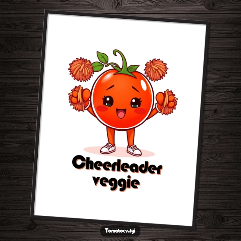 Funny poster of a determined tomato character energetically cheering with pom-poms, creating a motivational and humorous piece of wall art.