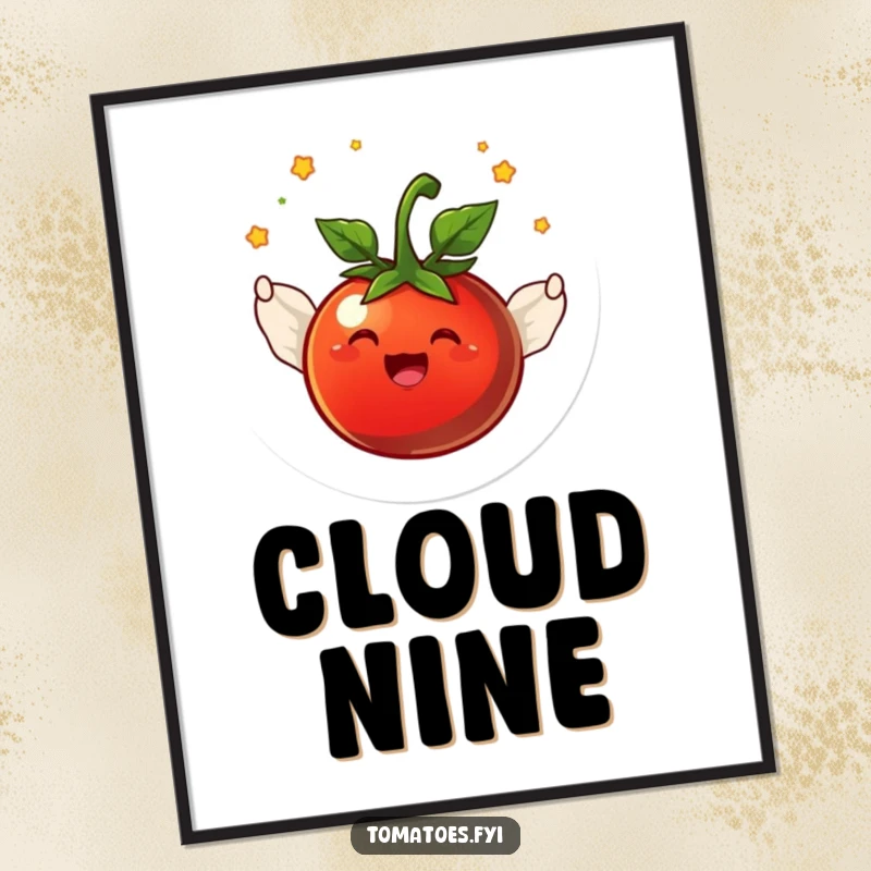 Funny joyful tomato character with tiny wings flying in a circle, displayed on a vibrant wall poster.