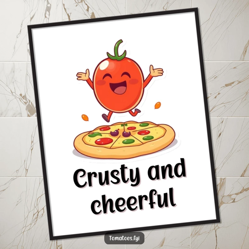 Funny cheerful tomato character joyfully bouncing on a giant pizza crust, displayed as funny wall art.