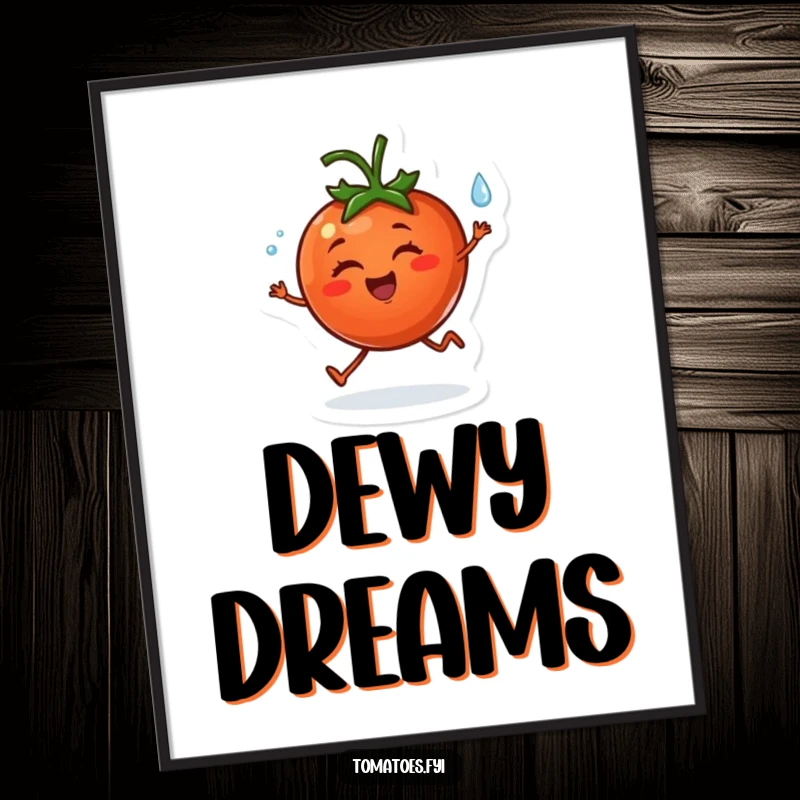 Funny poster of a cheerful tomato character happily skipping with a dewdrop, exuding happiness and a lighthearted spirit.