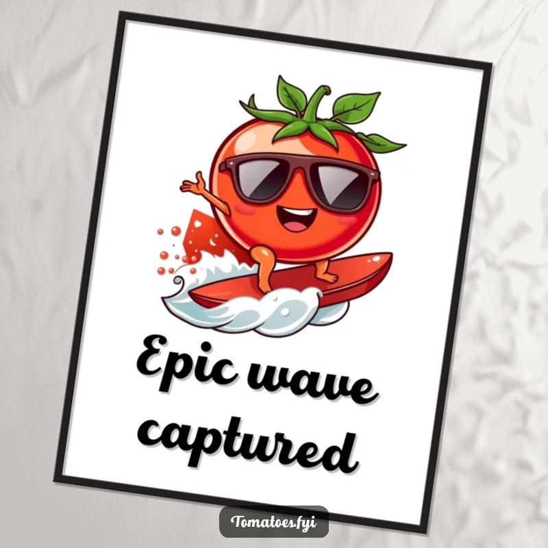 Funny surfing tomato poster featuring a cool tomato with sunglasses riding a juicy tomato wave, capturing the essence of summer fun.