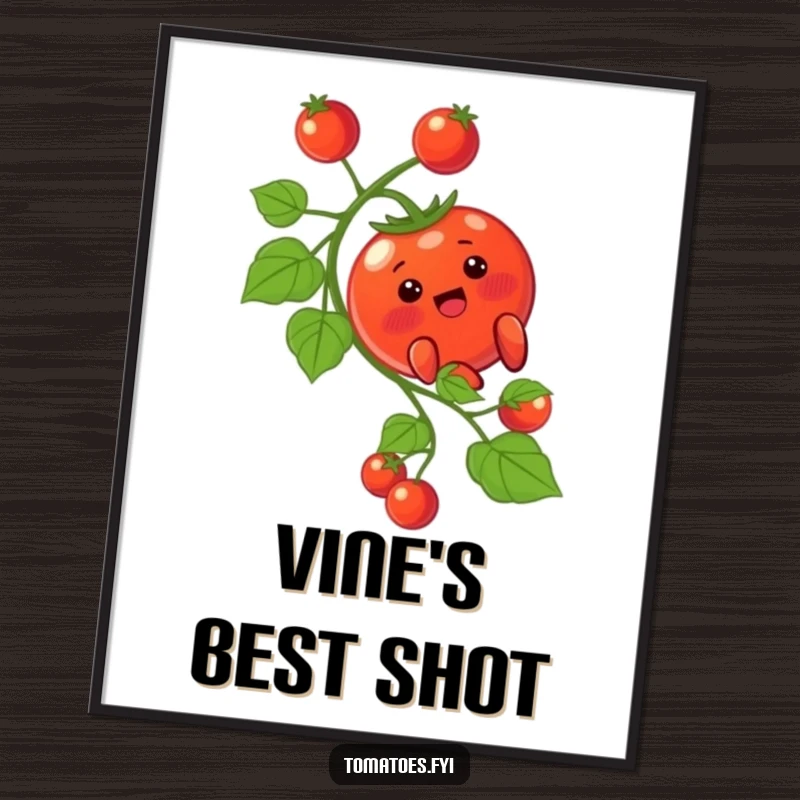 Funny Poster: A cute blushing tomato character enjoys a thrilling slide down a vine. A funny gift.