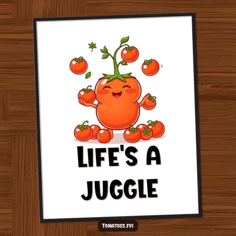 Funny Poster: A tomato with a huge smile juggles cherry tomatoes. A funny gift.