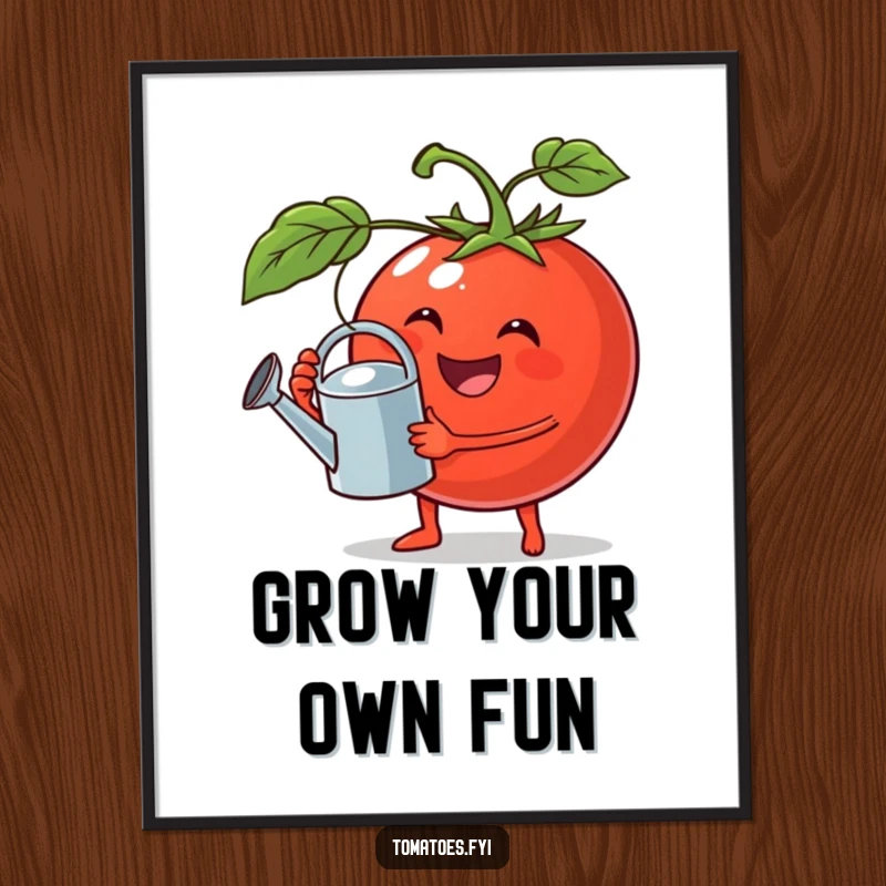 Funny poster of a jovial tomato holding a tiny watering can, bringing charming garden humor to walls.