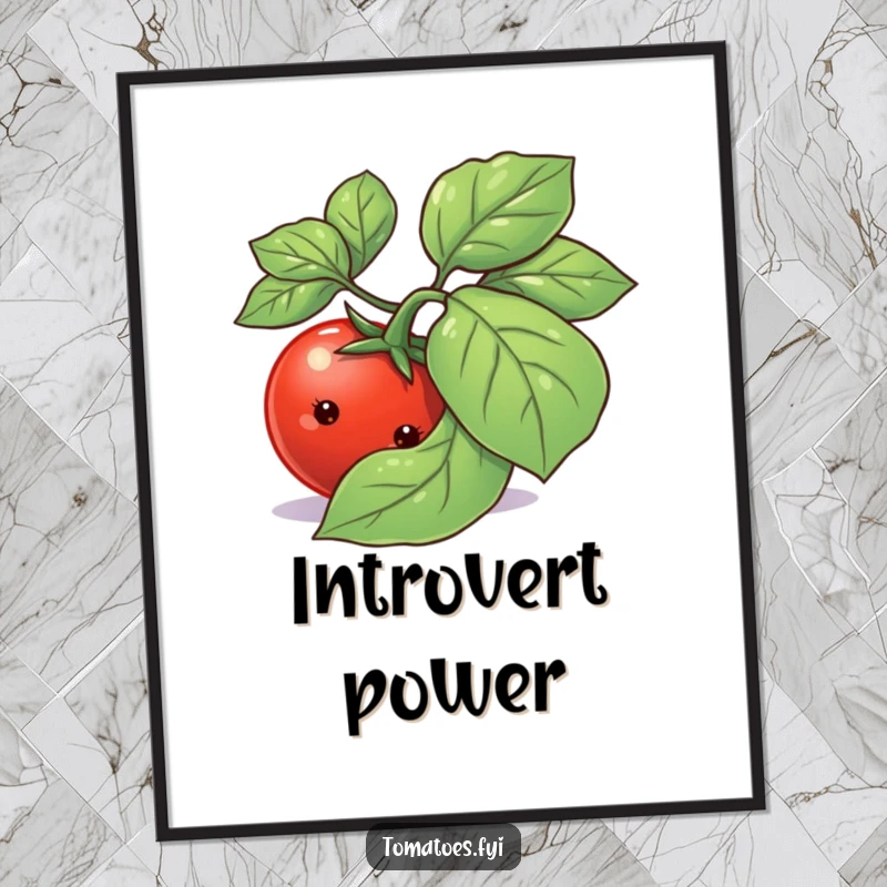 Funny shy tomato with a shy expression peeking from behind a large basil leaf, printed on a wall poster.