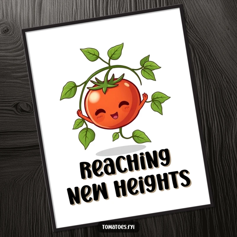 Funny Poster print of a vine tomato character stretching its leaves, a humorous and vibrant depiction of nature.