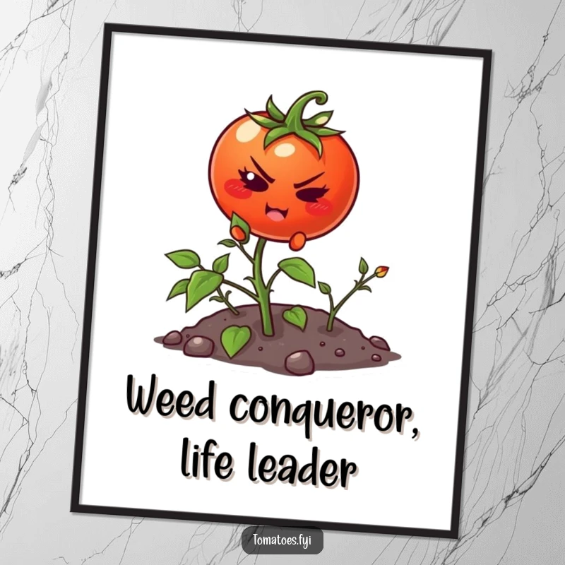 Funny poster of a determined cartoon tomato scaling a small weed, conveying a powerful message of resilience.