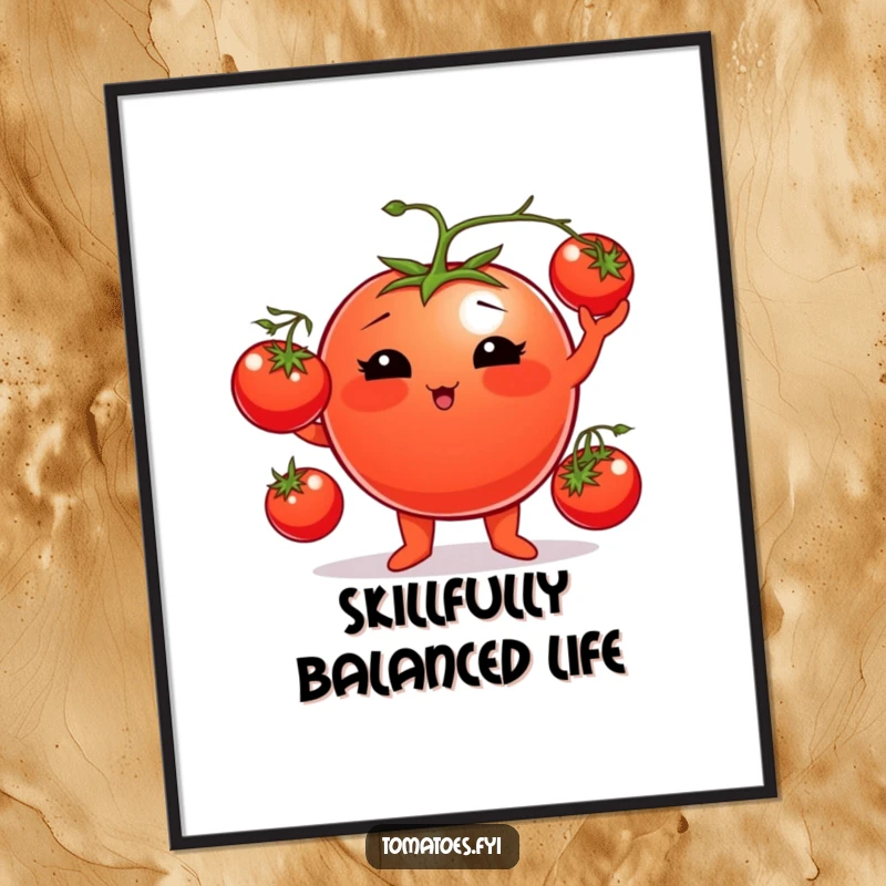 Funny tomato poster featuring a plump, rosy-cheeked tomato character juggling cherry tomatoes, a vibrant piece of humorous art.