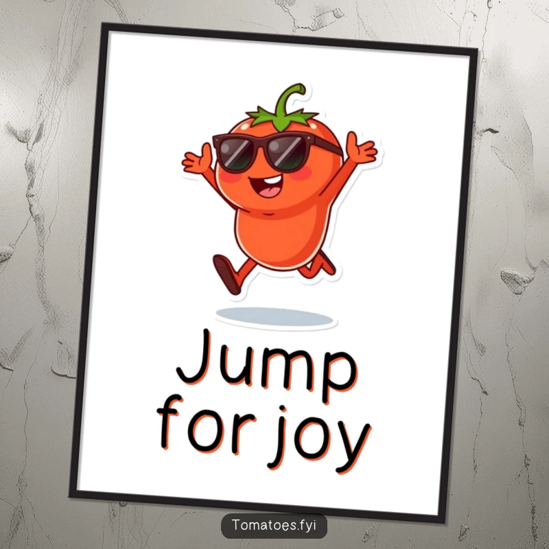 Funny poster of a cool tomato character in sunglasses joyfully jumping, bringing playful energy and vibrant style to any space.