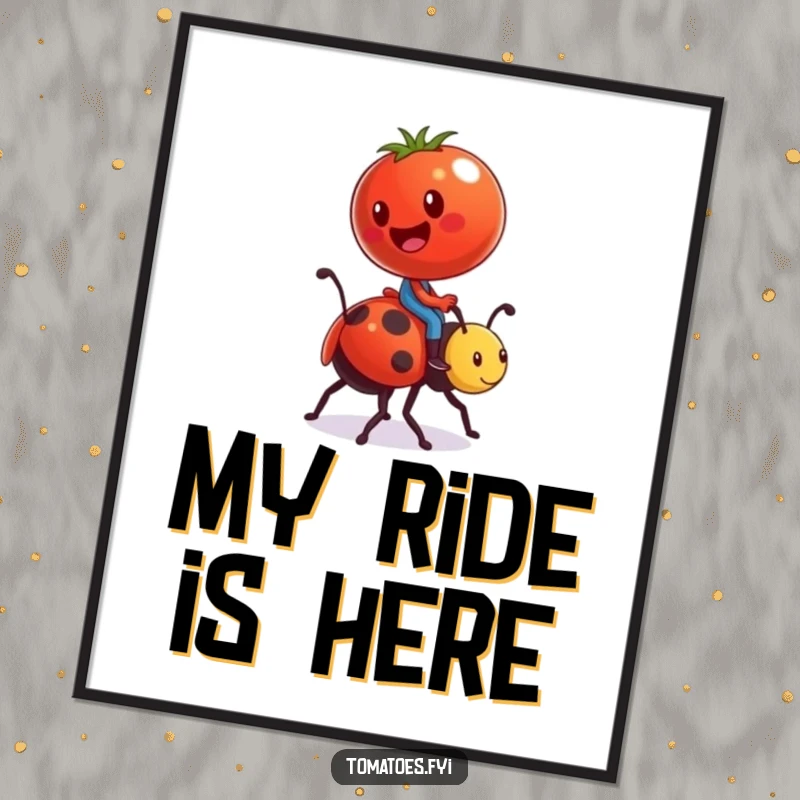 Funny poster featuring a tomato character comically riding a ladybug like a tiny steed, creating a whimsical and humorous wall art piece.