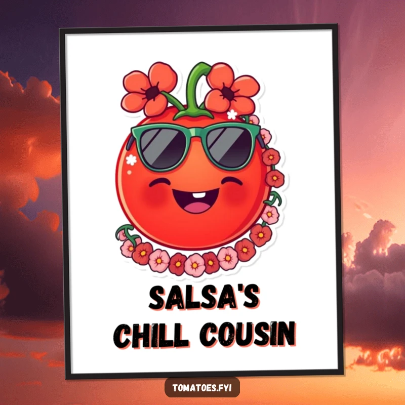 Funny tomato poster of a smiling tomato wearing sunglasses and a lei, creating a cheerful and humorous piece of tropical wall art.