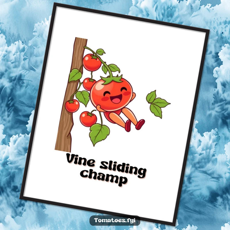 Funny poster of a tomato character joyfully sliding down a vine, creating a humorous and adventurous piece of wall art.