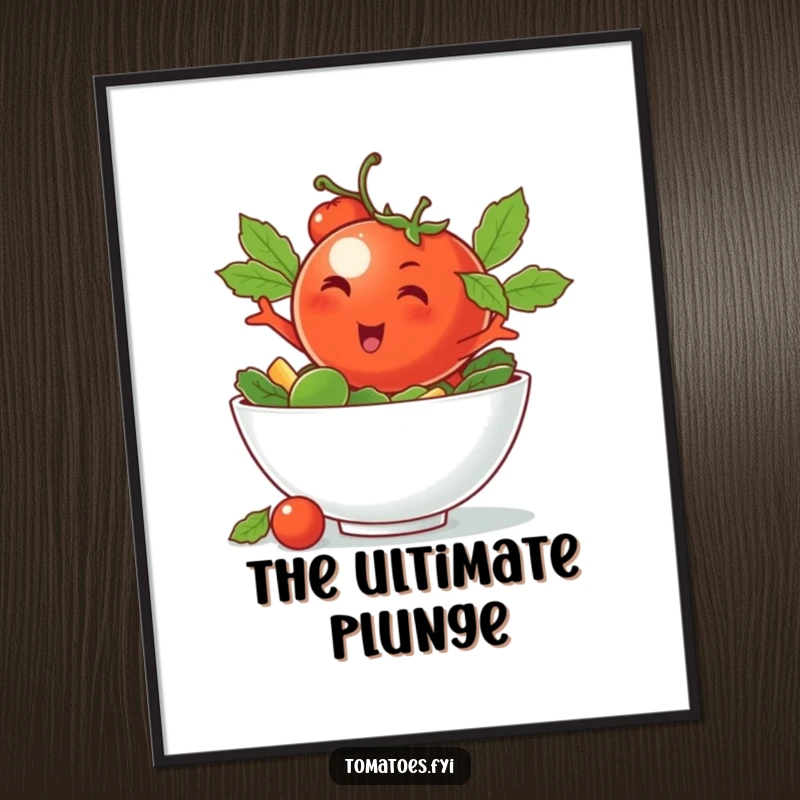 Funny poster featuring a winking tomato character doing a cool dive into a salad bowl, adding stylish humor.