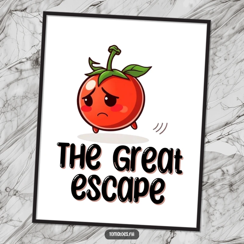 Funny poster featuring a worried tomato character rolling away, adding humorous and relatable decor.