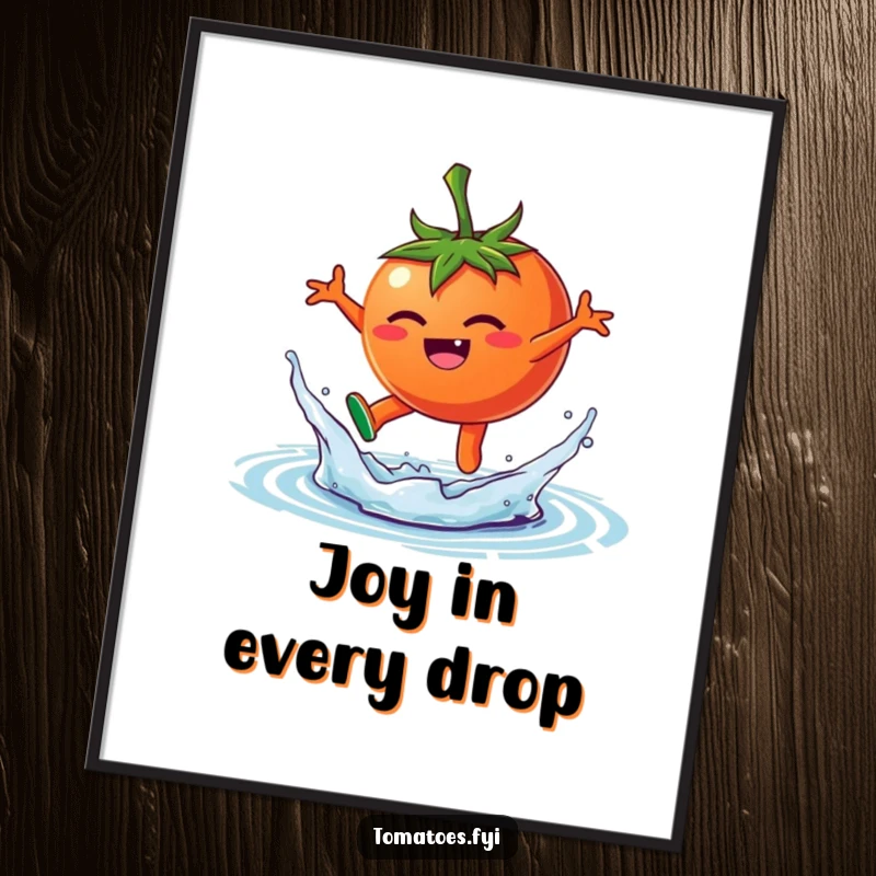 Funny poster artwork depicting a happy tomato character mid-leap into a vibrant splash of water, full of energy and joy.