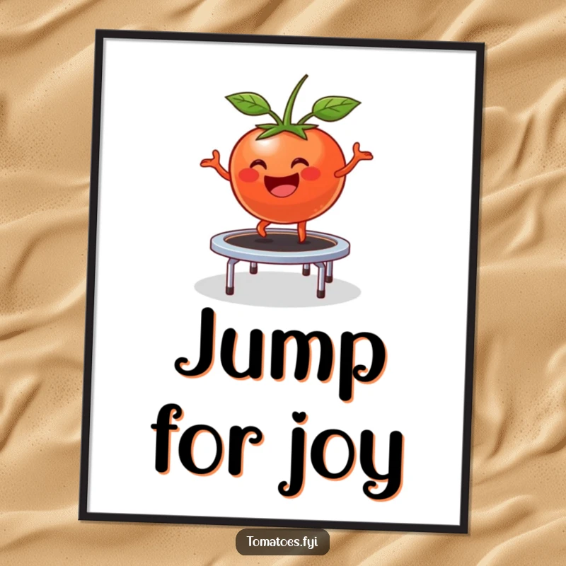 Funny Poster: Happy tomato character comically bounces on a small trampoline, a joyful and humorous wall decoration.