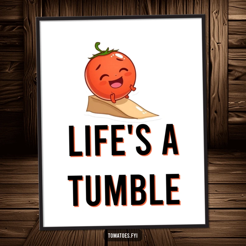 Funny poster of a giggling tomato character joyfully rolling down a small incline, exuding happiness and playful movement.