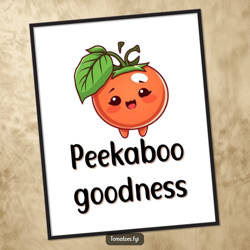 Funny poster of a cheerful tomato character peeking from behind a leaf, creating a sense of playful curiosity and charm.