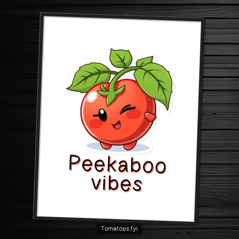 Funny poster of a winking tomato character playfully peeking from behind a leaf, adding a touch of mystery and humor.