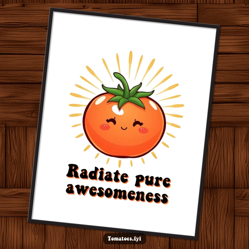 Funny poster of a tomato surrounded by a starburst of energy, bringing dynamic and humorous visual appeal.