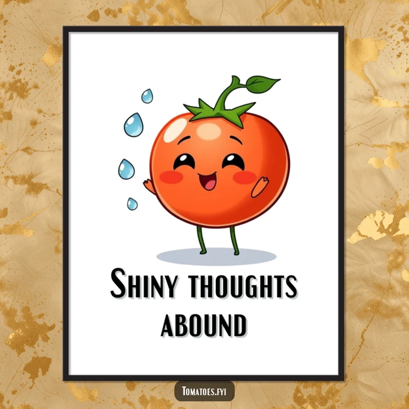 Funny tomato character joyfully juggling three tiny dew drops on this poster, a beautiful piece of whimsical art.