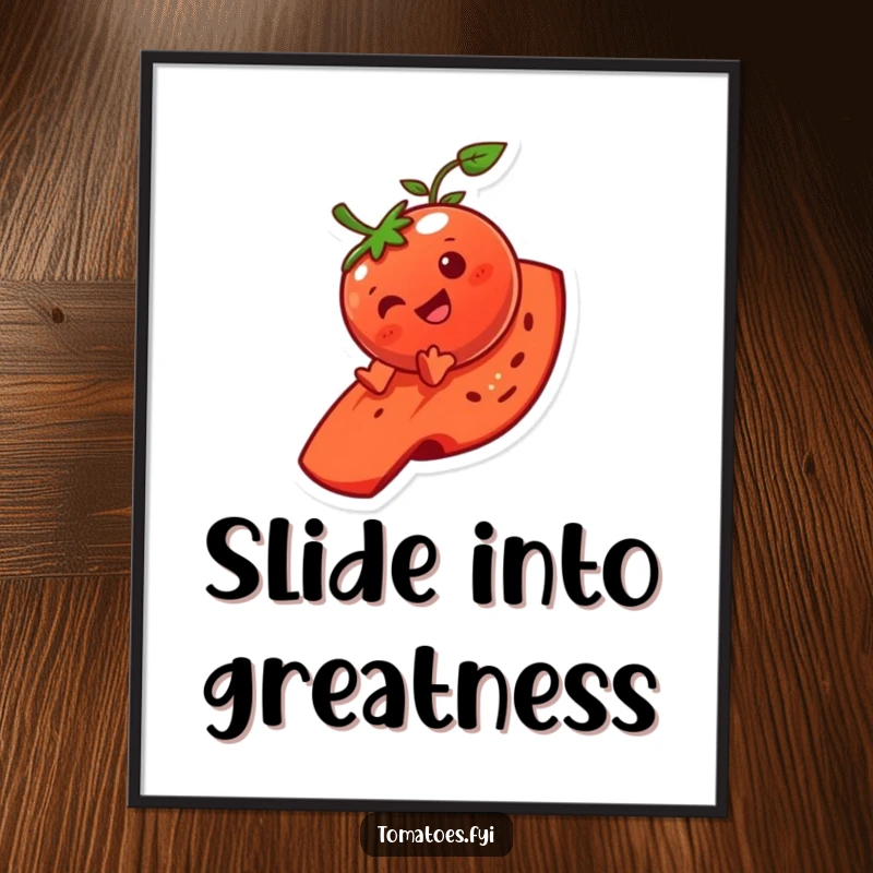 Funny tomato character poster captures joyful slide action on a tomato slice, vibrant and amusing wall art.