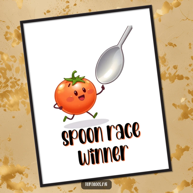 Funny poster of a tomato character with tiny legs excitedly sprinting towards a giant spoon, whimsical food art.