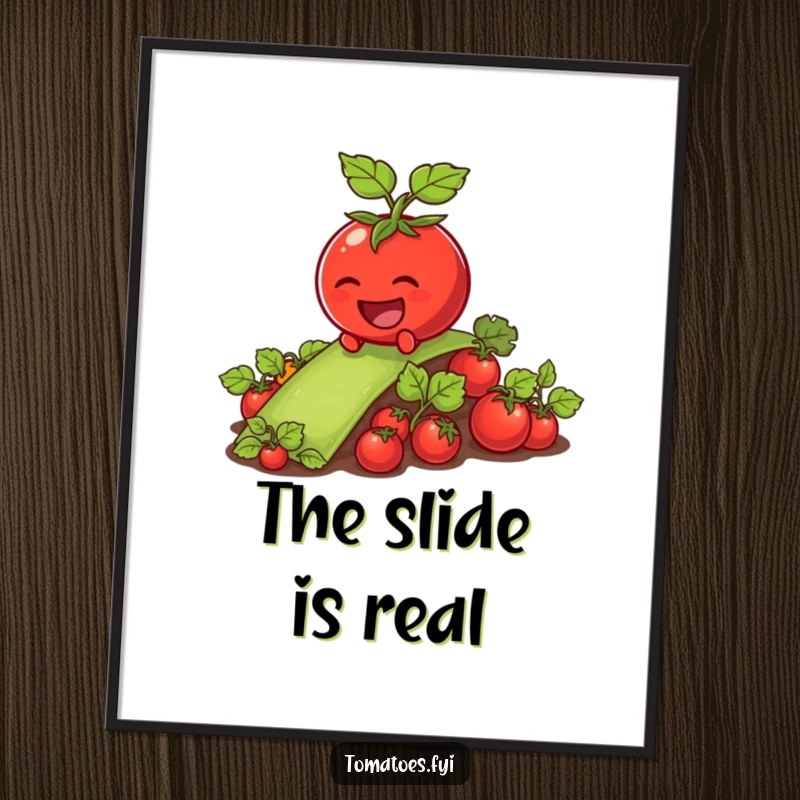 Funny tomato character joyfully sliding down a slippery vegetable patch, depicted on a vibrant poster.