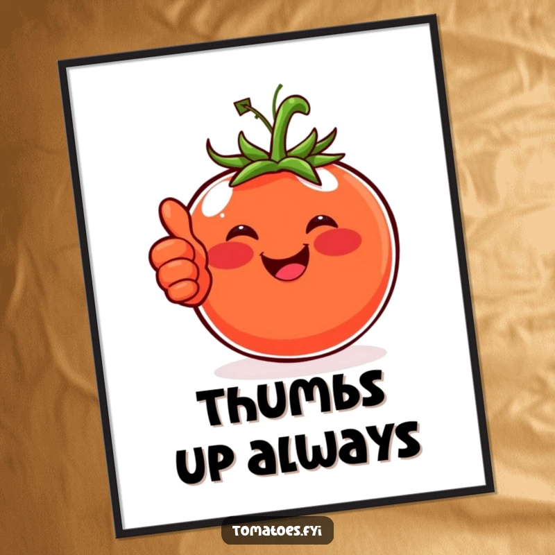 Funny poster of a happy tomato with rosy cheeks, giving a thumbs-up, radiating joy and positive energy.