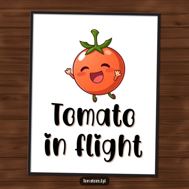 Funny poster of a thrilled tomato character being carried by a gentle breeze, whimsical and serene wall decor.