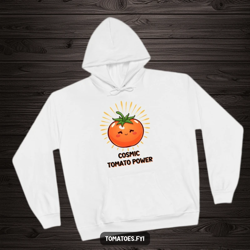Funny hoodie featuring a tomato surrounded by a bright starburst of energy, offering cozy and powerful humor.