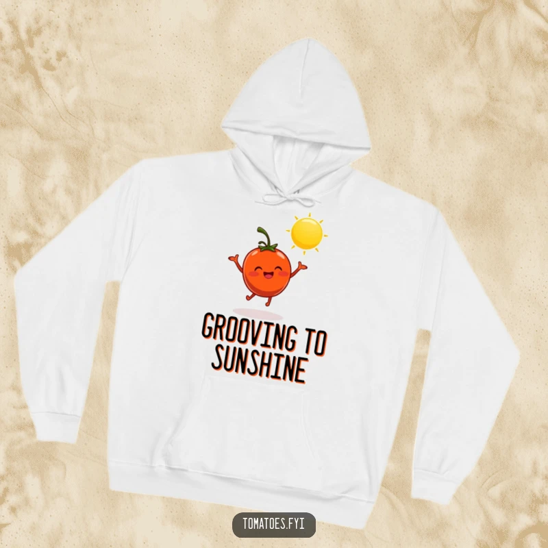 Funny hoodie featuring a cheerful tomato doing a silly dance in the sun, perfect for cozy and joyful wear.